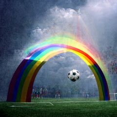 Football and Soccer celebration of the World Cup, flaming balls and lighting, with rainbow colors