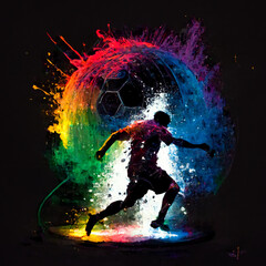 Fototapeta na wymiar Football and Soccer celebration of the World Cup, flaming balls and lighting, with rainbow colors