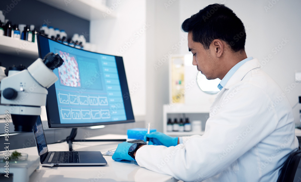 Aufkleber Man, scientist and computer with virus, bacteria and research data in laboratory. Science worker writing notes on vaccine, development or dna on technology, digital analytics or pharmaceutical health