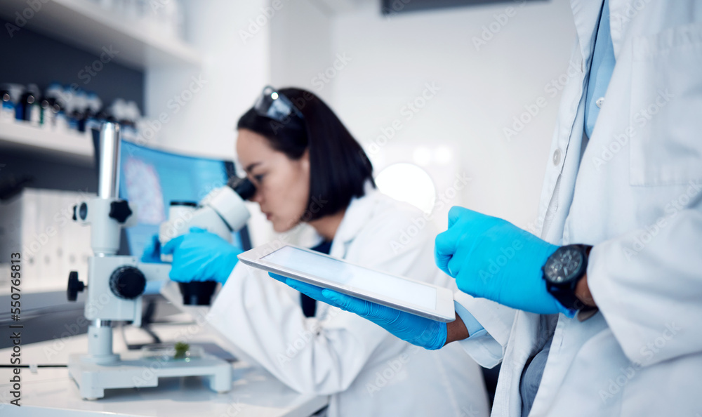 Poster Science, medical and hands with tablet for research in lab for analytics, biotechnology and digital analysis. Healthcare, technology and scientists team working with microscope in medicine laboratory