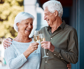 Senior couple, celebration and toast with champagne for anniversary, love and date outdoor with...