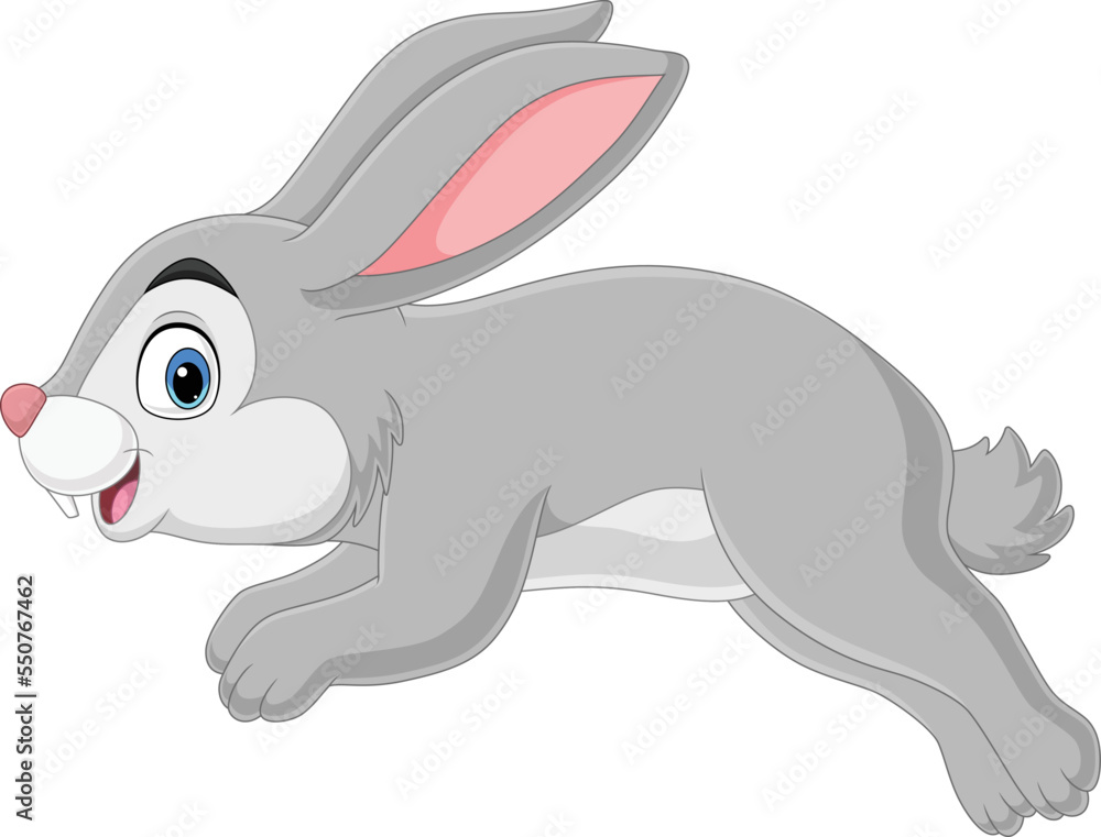 Poster Cartoon funny rabbit running on white background