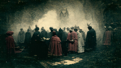 Creepy figures commit a cult of evil. Vintage style.
Digitally generated AI image.