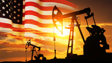 US oil industry .Crude oil and petroleum concept. American flag background - obrazy, fototapety, plakaty