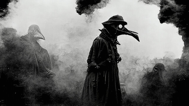 Plague doctor silhouette in smoke concept.  
Digitally generated image.