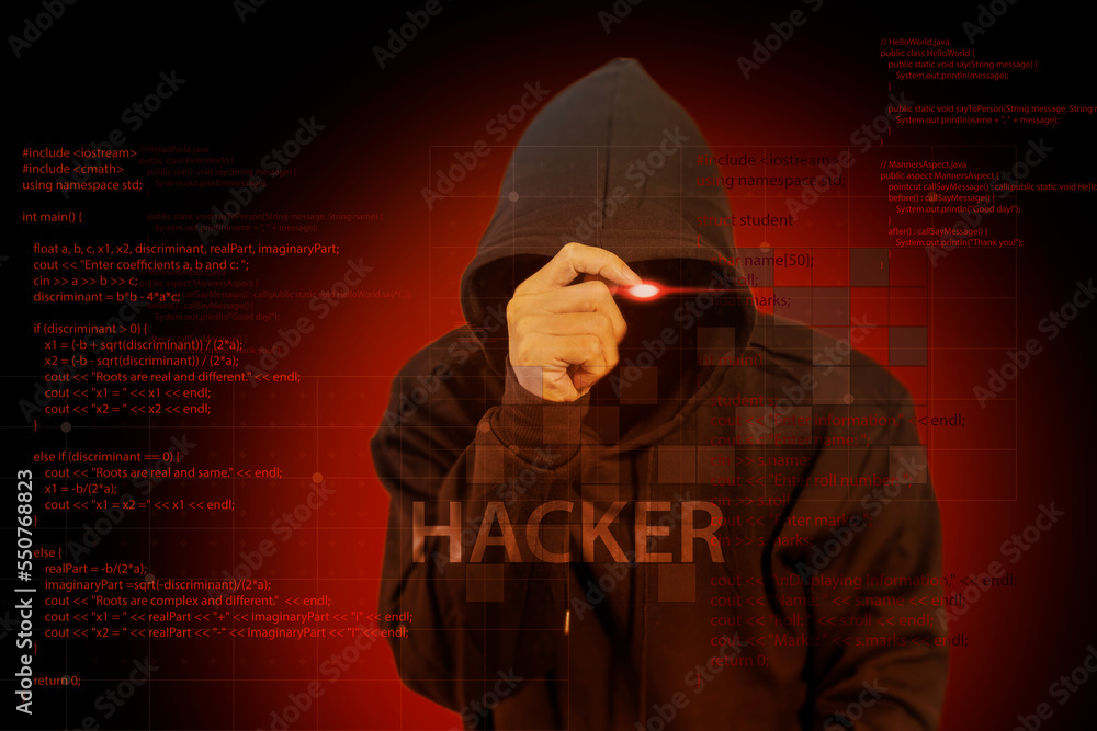 Poster the hacker broke the security in the system.the dangers of digital thieves,hacker wearing black hood