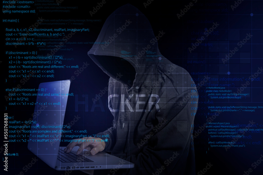 Poster the hacker broke the security in the system.the dangers of digital thieves,hacker wearing black hood
