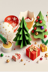 3D decorative objects for Christmas wallpaper New Year with Christmas elements like gift box, Christmas tree, Christmas ball, snow and snowflake...