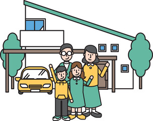 シンプルな住宅と4人家族のイラスト（Uタイプ）