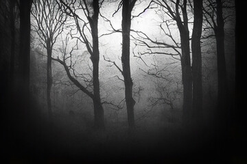 Scary forest and trees covered with fog. Horror background.  
Digitally generated image