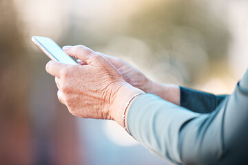 Phone, app and hands of retirement woman typing on screen for email, ecommerce or social media. Communication, internet and mobile application of senior person online with 5g connectivity.