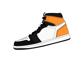 Vector sneakers illustration, isolated on white background. Basketball shoe linear silhouette. Black, white, orange trainers mockup. Sneaker shop logo. Man sport footwear. Casual fashion banner