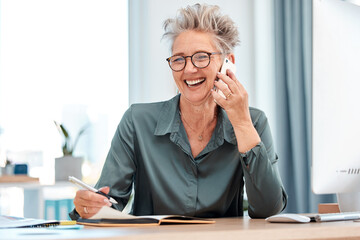 Business woman, phone call and conversation for connection, smile and in office. Senior, female...