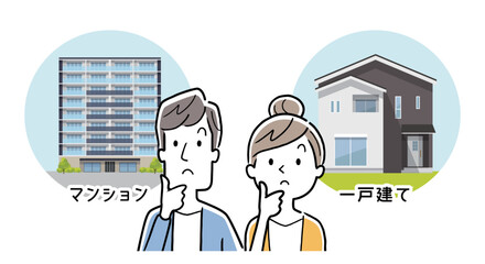 ベクターイラスト素材：一戸建てとマンションを選択する夫婦
