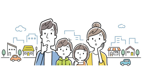 ベクターイラスト素材：考える4人家族と街の背景
