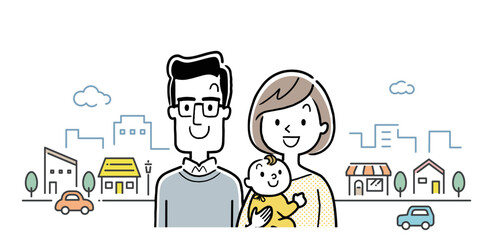 ベクターイラスト素材：3人家族と街の背景
