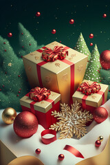 Fototapeta na wymiar 3D decorative objects for Christmas wallpaper New Year with Christmas elements like gift box, Christmas tree, Christmas ball, snow and snowflake...
