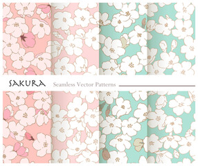 桜の花のシームレスなパターンのセット-2way-手描き