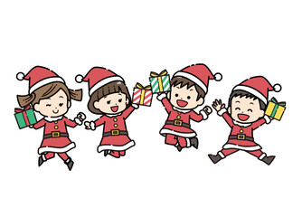 サンタクロースの格好をしてジャンプする子供達のイラスト　クリスマスプレゼント