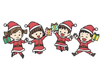 サンタクロースの格好をしてジャンプする子供達のイラスト　クリスマスプレゼント／PNG