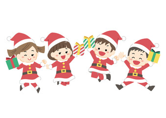 サンタクロースの格好をしてジャンプする子供達のイラスト　クリスマスプレゼント／線画なし／PNG