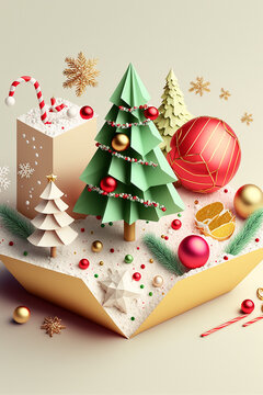3D decorative objects for Christmas wallpaper New Year with Christmas elements like gift box, Christmas tree, Christmas ball, snow and snowflake...