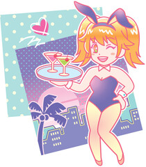 カクテルを持ったツインテールのバニーガールの女の子レトロシティポップ風なイラスト1-1