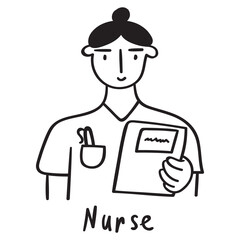 Nurse. Young woman specialist. Outline vector icon. 