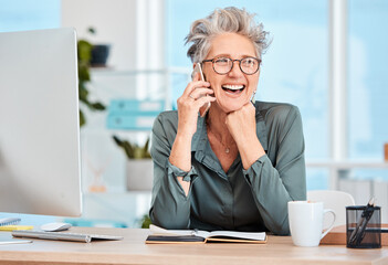 Phone call, office and senior business woman planning strategy, project or proposal in book. Happy,...