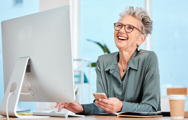 Happy senior, executive woman and computer at office desk, smile and reading on social media, email...