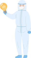 Medical staff or doctor or nurse wearing isolation gown holding light bulb