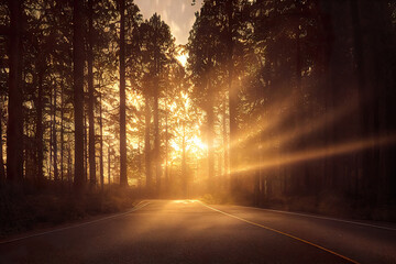 Road in the forest at sunset with sun glow and sun rays.
Digitally generated AI image