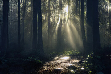 Beautiful forest in fog at sunset wшер sun flare and light rays.  
Digitally generated image.
