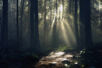 Obraz premium Beautiful forest in fog at sunset wшер sun flare and light rays. Digitally generated image.