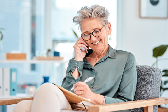 Phone call, writing and schedule with a female leader, manager or CEO talking while making an appointment in her notebook. Mobile, communication and diary with a senior business woman writing notes
