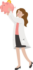 Medical staff or doctor or nurse or scientist or experimenter woman with piggy bank