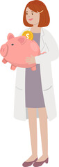 Medical staff or doctor or nurse or scientist or experimenter woman with piggy bank