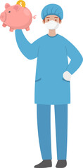Medical staff or doctor wearing surgical gown man with piggybank