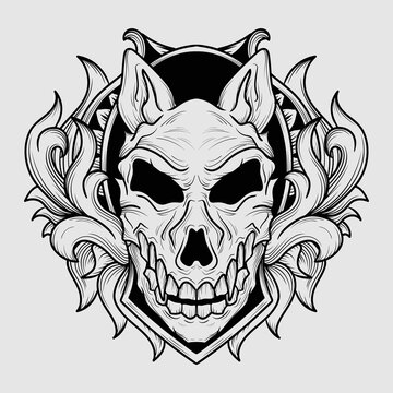 tattoo illustration and t shirt black and white wolf skull engraving ornament
