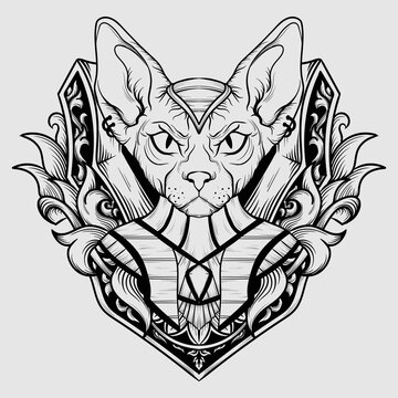 tattoo illustration and t shirt black and white sphynx cat engraving ornament