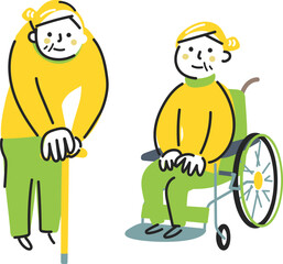 杖をついているお祖母ちゃんと車椅子に座るお祖母ちゃん　シニアライフ　イラスト素材
