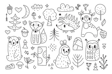 Scandinavian animals set. Drawn by hand. Doodle cartoon animals with elements of the forest and the gifts of nature for children's posters, postcards, children's t-shirts. Vector illustration.