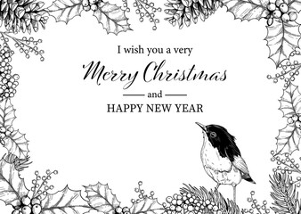 Christmas card with vintage hand drawn vector design. Bird and botanical collection of greeting template for winter holidays.Black and white color.