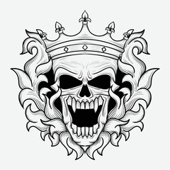 tattoo illustration and t shirt black and white king skull engraving ornament
