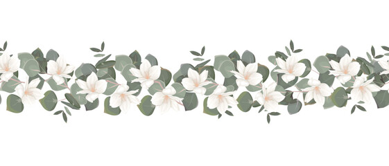 Seamless vector pattern. Floral border. Green eucalyptus, small white flowers, magnolia, sakura. 