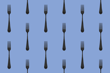 pattern. Fork top view on pastel blue background. Template for applying to surface. Square image. Flat lay. 3D image. 3D rendering.