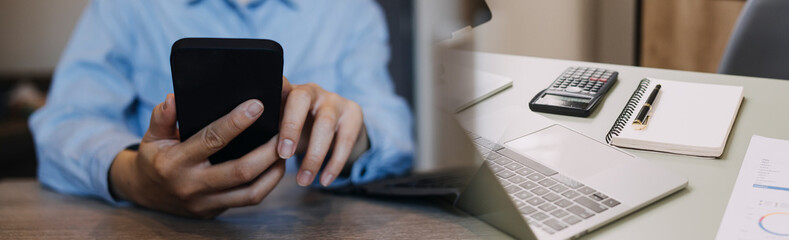 Business team present. professional investor working new start up project. Finance managers meeting.Digital tablet docking screen computer design smart phone using, in morning light