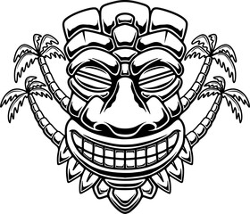 Illustration of Tiki tribal wooden mask. Design element for logo, emblem, sign, poster, card, banner. Vector illustration
