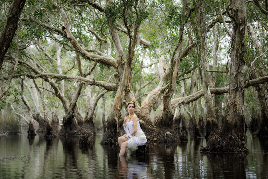 beautiful  Thai asian woman in white dress local tradition costume in the name is Nakee, sitting on tree stump in the lake in the botannical garden rayong thailand, 