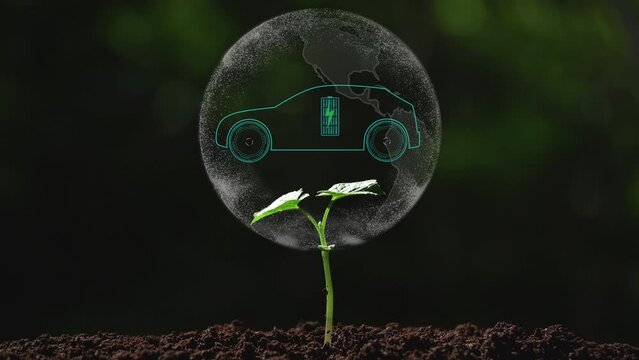 electric vehicle car in the earth on a small tree with environment ecology sign hologram sustainable clean energy.